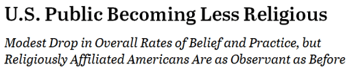 Headline of announcemen of November 2015 poll. http://www.pewforum.org/2015/11/03/u-s-public-becoming-less-religious/ (abov) Photo credit church  (left)  http://www.barbsnow.net/images/Christ%20Church%20fall%2005%20500.jpg